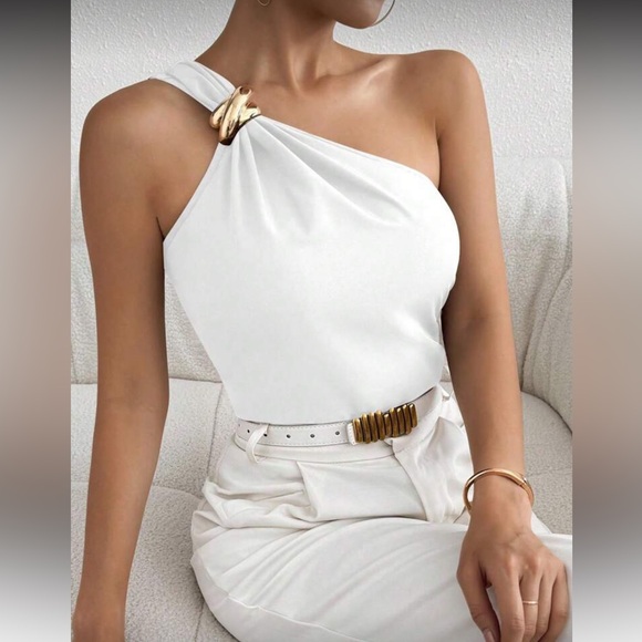 One-Shoulder White Top with Gold Charm Detail